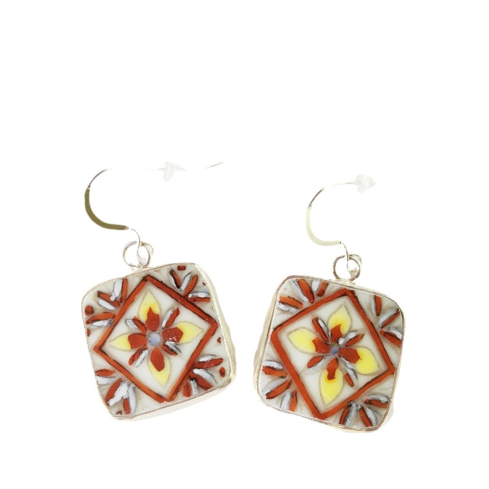 Vintage Porcelain Shard Drop Earrings Sterling Silver Hooks Square Talavera Tile